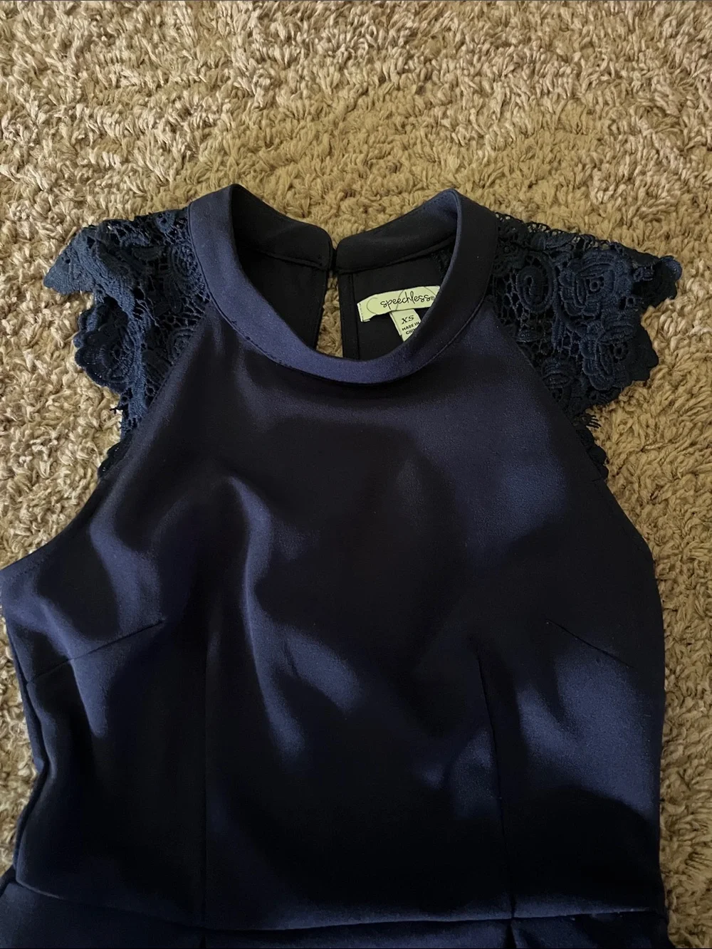Speechless Navy Lace Cap-Sleeve Fit & Flare Dress